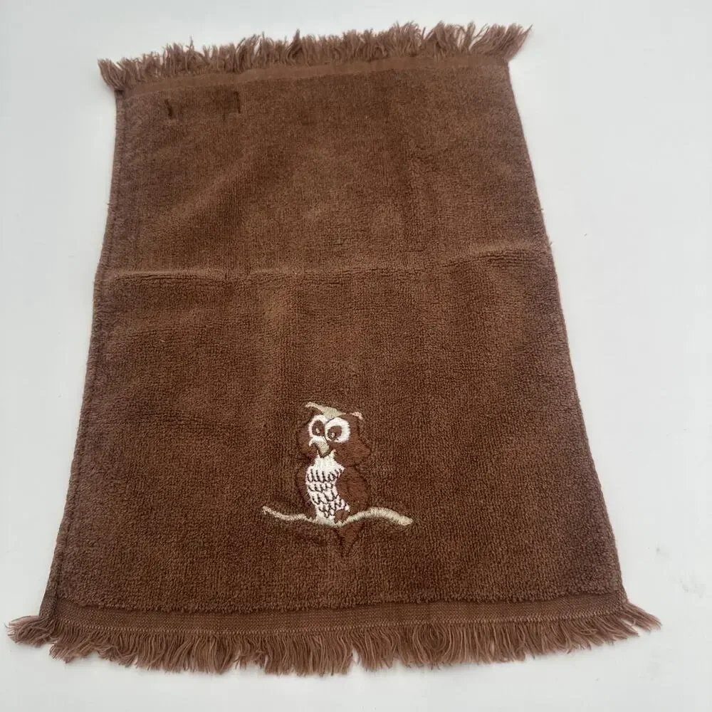 2 Vintage Martex Hand Towels Fringe 100% Cotton Brown Yellow Owls